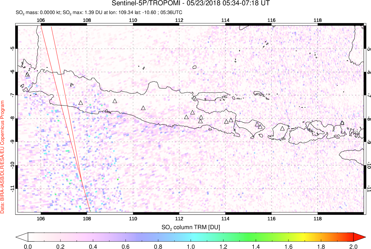 A sulfur dioxide image over Java, Indonesia on May 23, 2018.