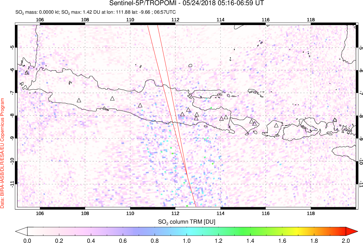 A sulfur dioxide image over Java, Indonesia on May 24, 2018.