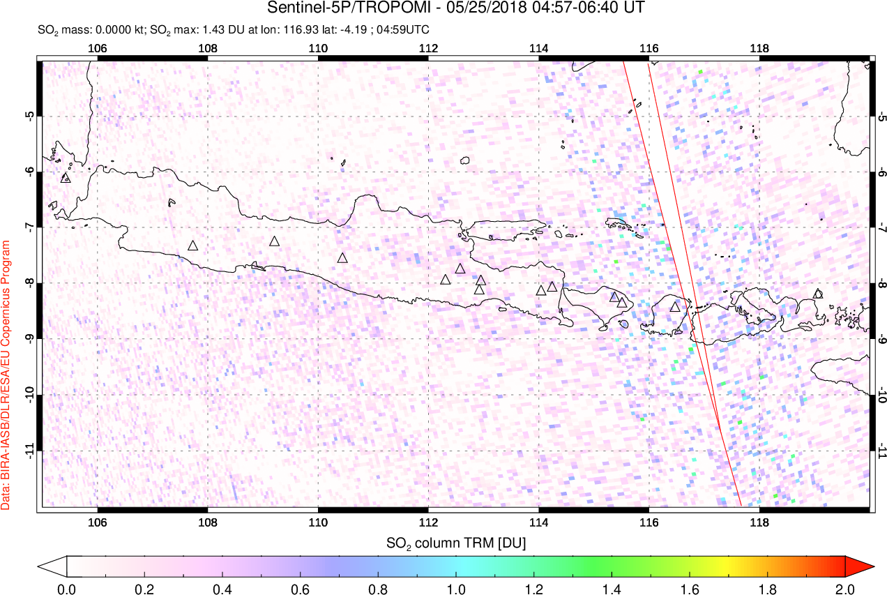 A sulfur dioxide image over Java, Indonesia on May 25, 2018.