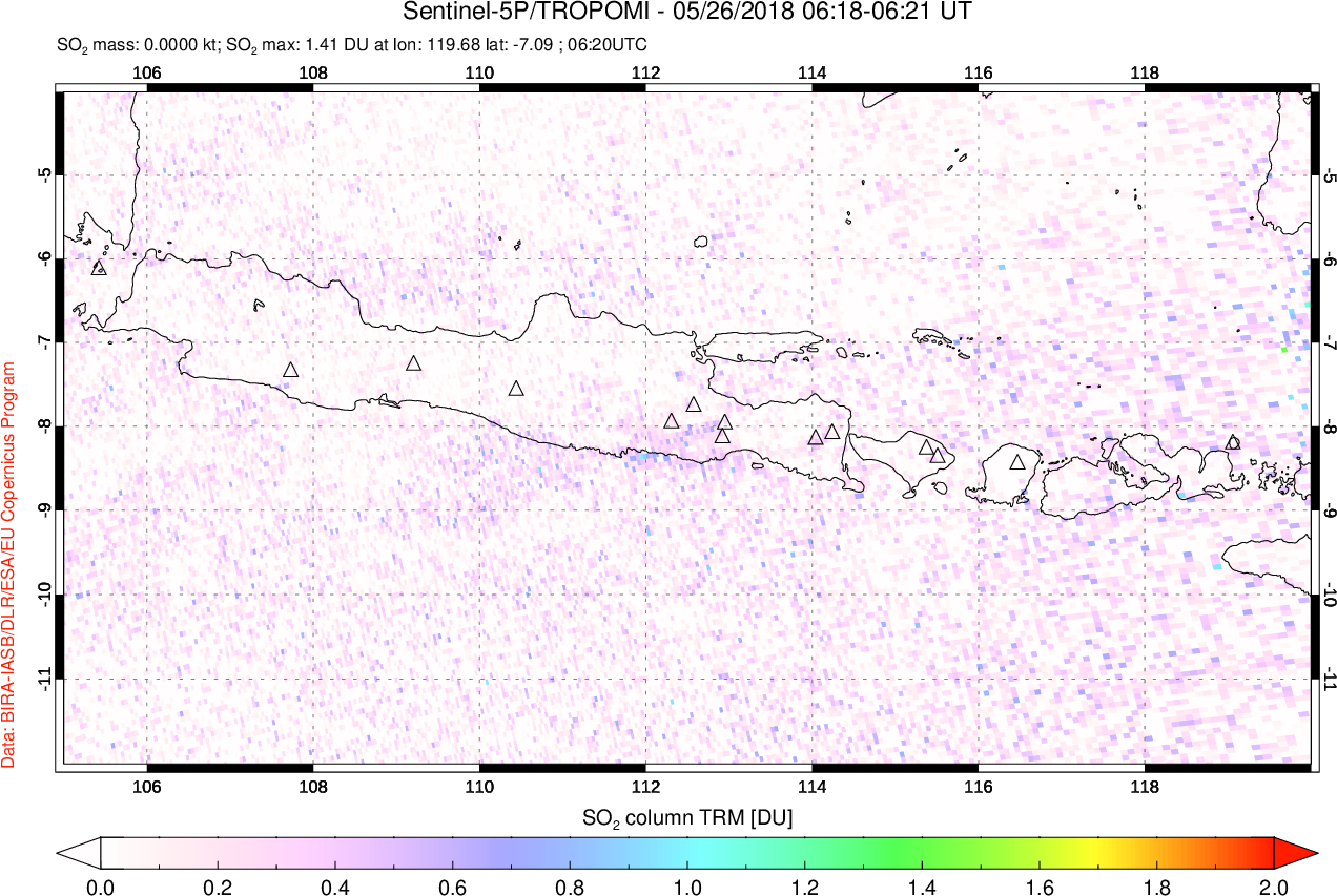A sulfur dioxide image over Java, Indonesia on May 26, 2018.