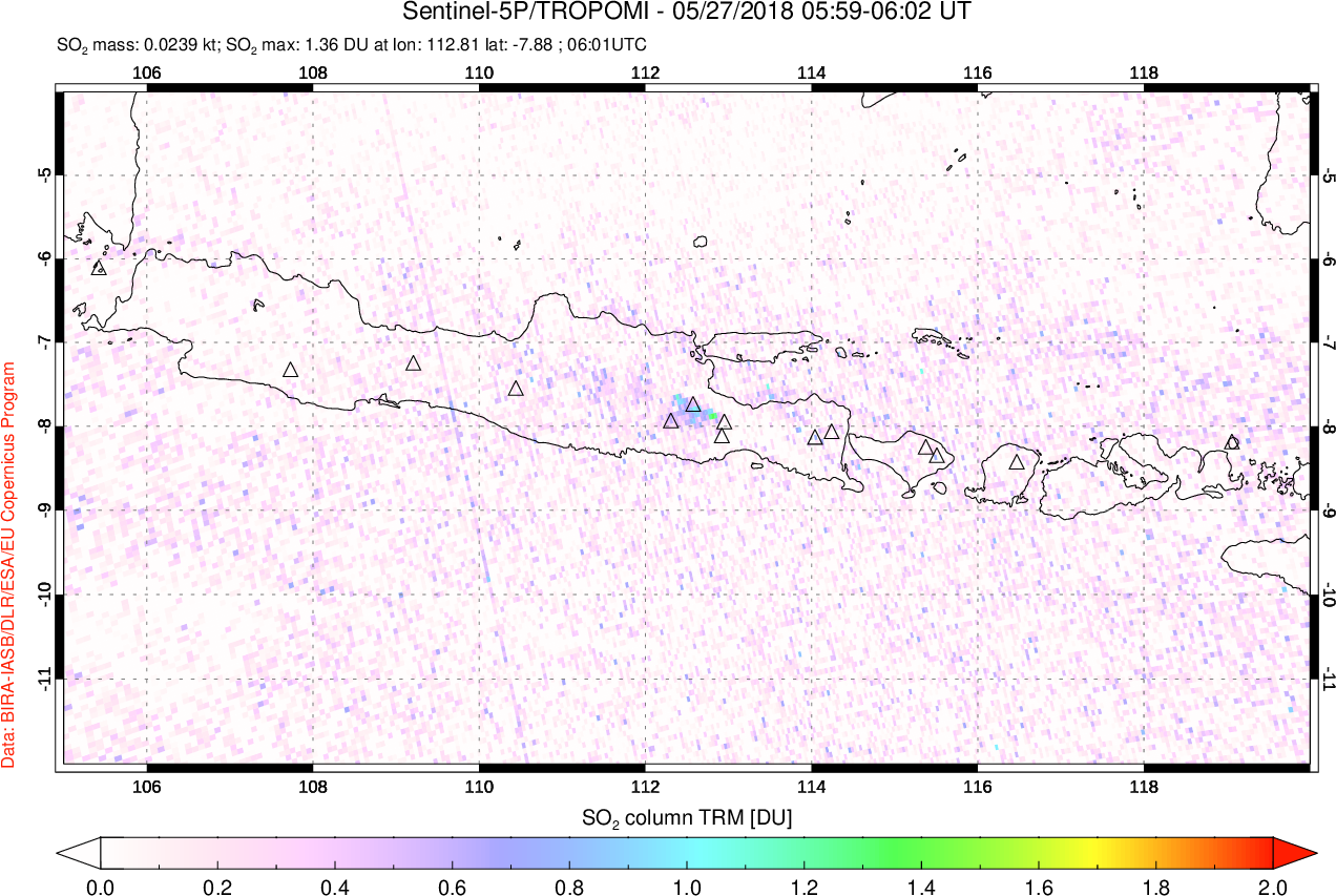 A sulfur dioxide image over Java, Indonesia on May 27, 2018.