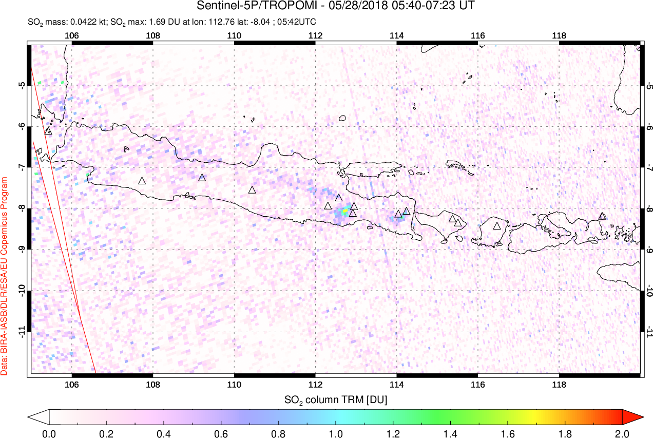 A sulfur dioxide image over Java, Indonesia on May 28, 2018.