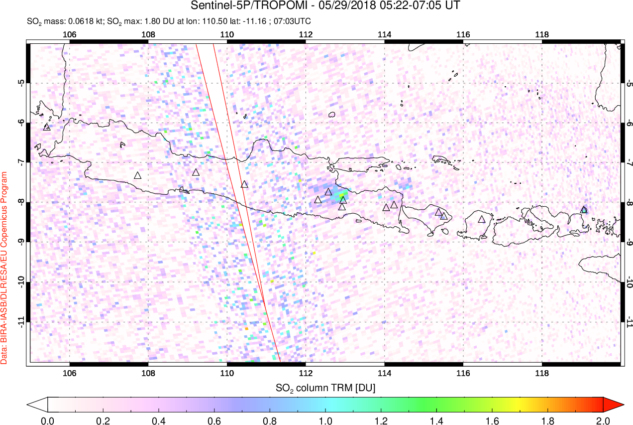 A sulfur dioxide image over Java, Indonesia on May 29, 2018.
