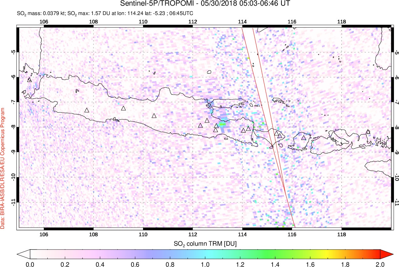 A sulfur dioxide image over Java, Indonesia on May 30, 2018.