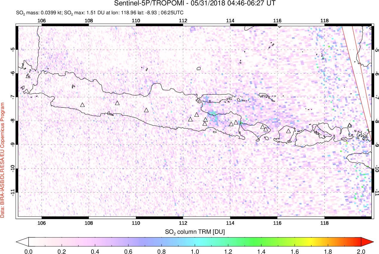A sulfur dioxide image over Java, Indonesia on May 31, 2018.