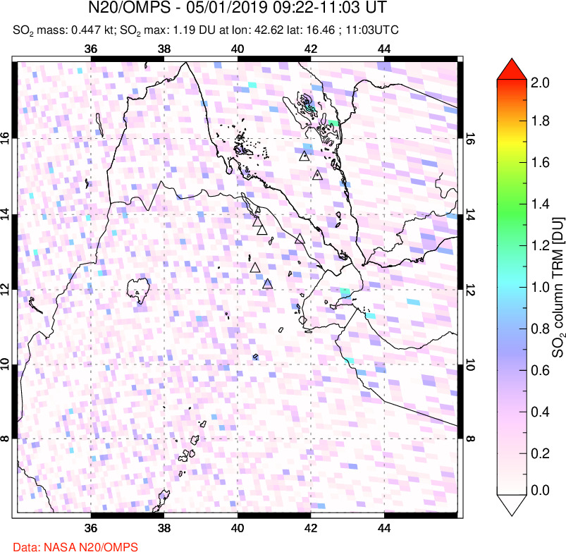 A sulfur dioxide image over Afar and southern Red Sea on May 01, 2019.