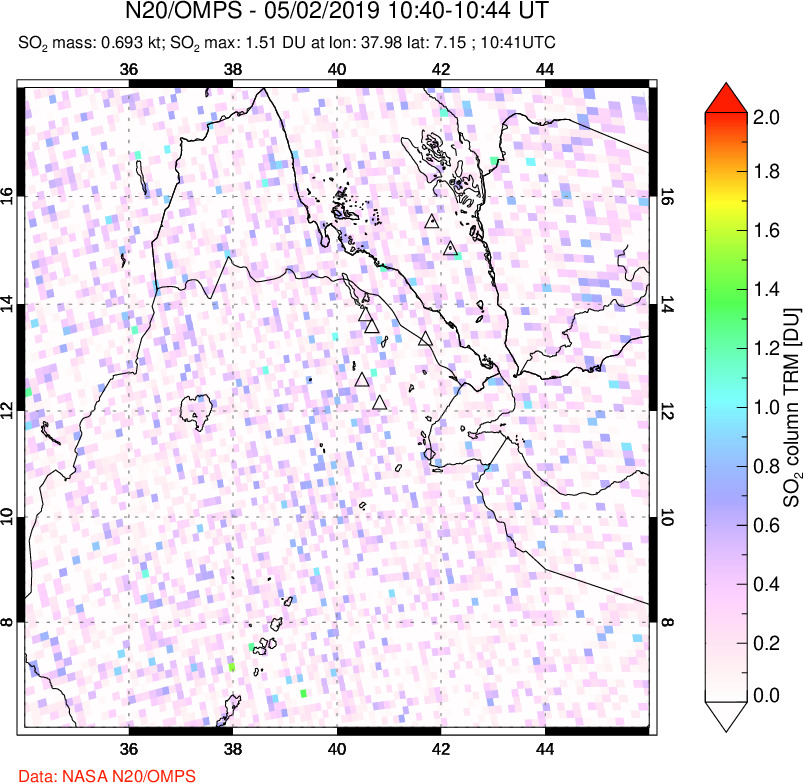 A sulfur dioxide image over Afar and southern Red Sea on May 02, 2019.