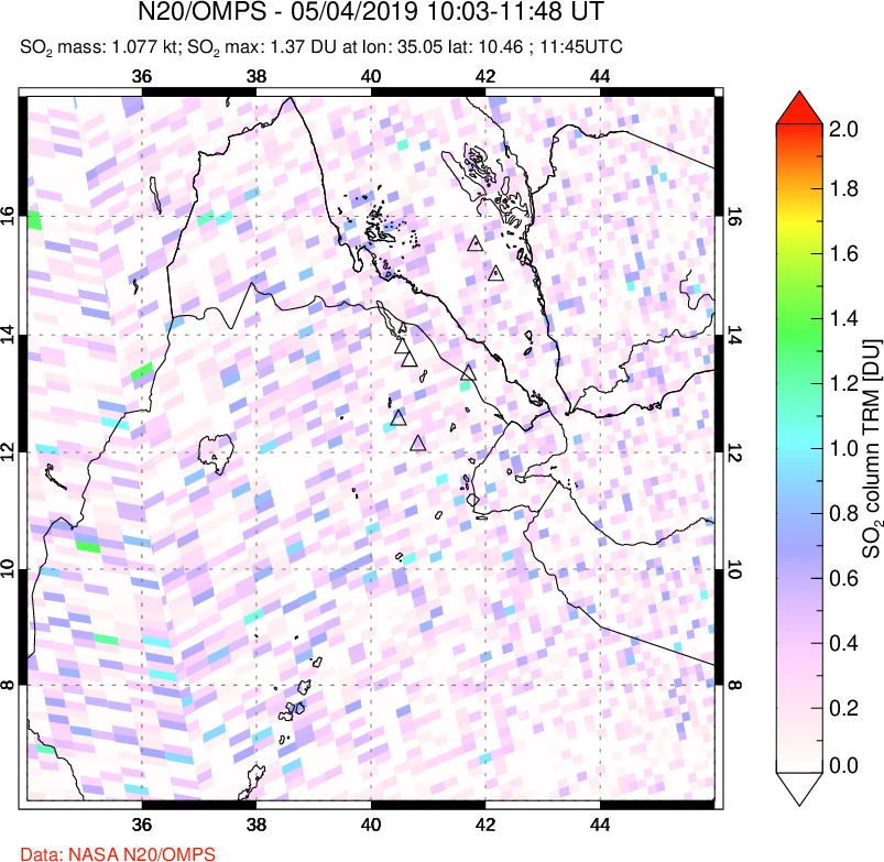 A sulfur dioxide image over Afar and southern Red Sea on May 04, 2019.