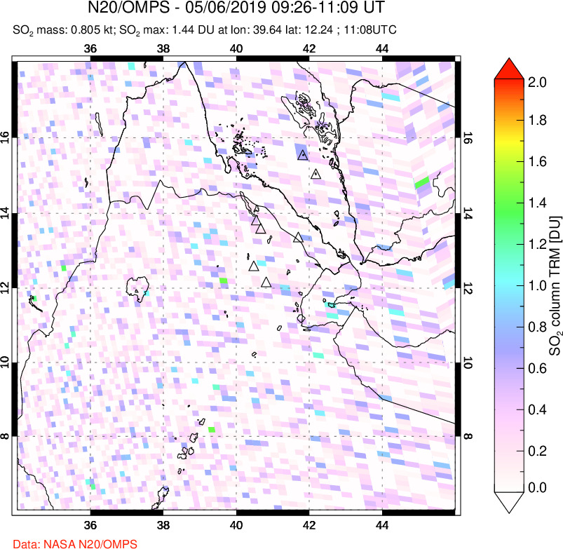 A sulfur dioxide image over Afar and southern Red Sea on May 06, 2019.