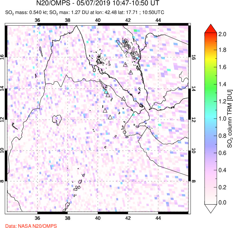 A sulfur dioxide image over Afar and southern Red Sea on May 07, 2019.