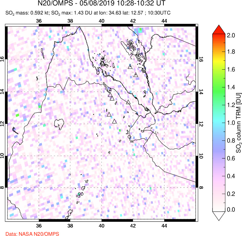 A sulfur dioxide image over Afar and southern Red Sea on May 08, 2019.