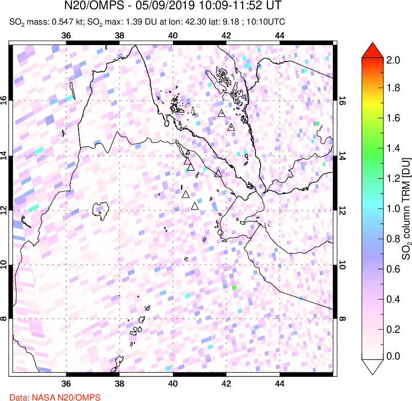 A sulfur dioxide image over Afar and southern Red Sea on May 09, 2019.