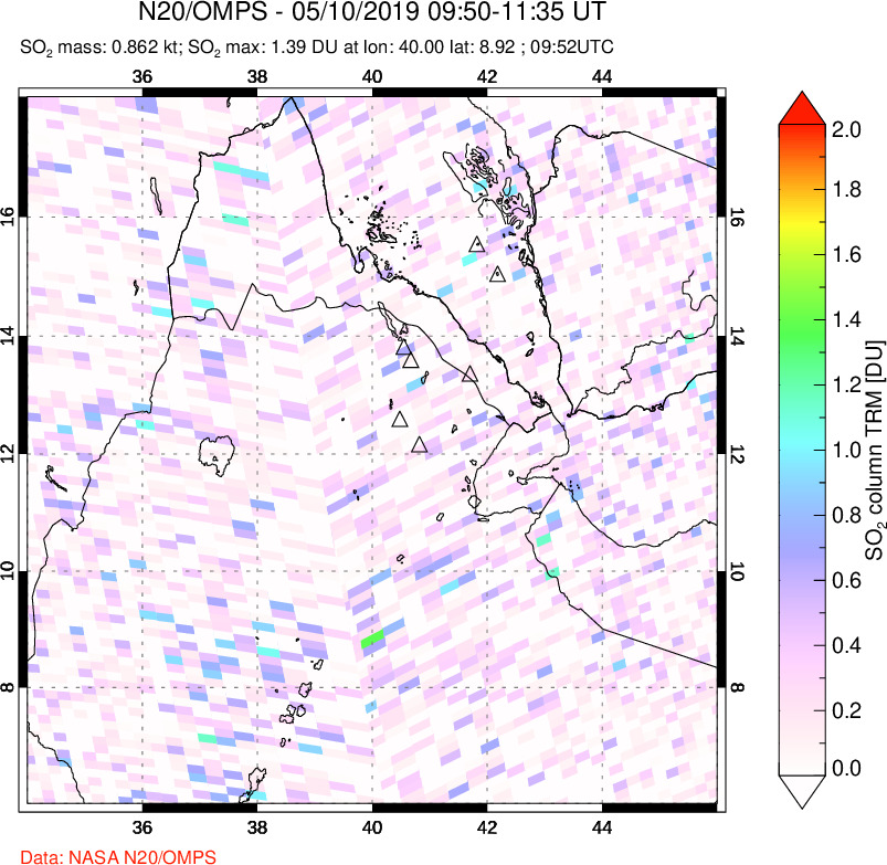 A sulfur dioxide image over Afar and southern Red Sea on May 10, 2019.