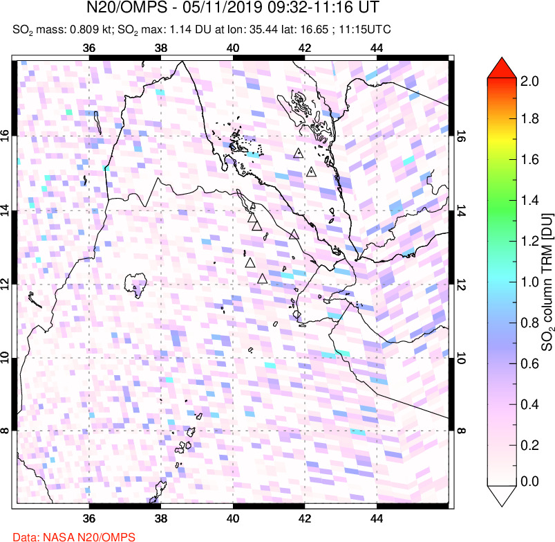 A sulfur dioxide image over Afar and southern Red Sea on May 11, 2019.
