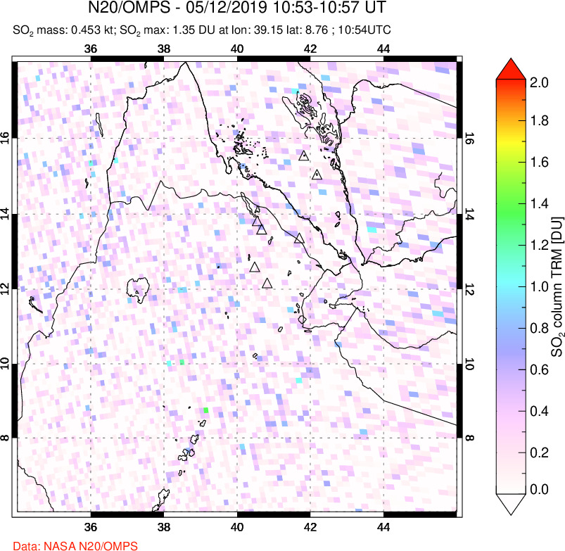 A sulfur dioxide image over Afar and southern Red Sea on May 12, 2019.