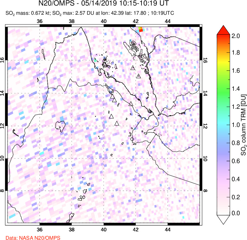 A sulfur dioxide image over Afar and southern Red Sea on May 14, 2019.