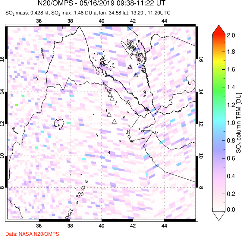 A sulfur dioxide image over Afar and southern Red Sea on May 16, 2019.