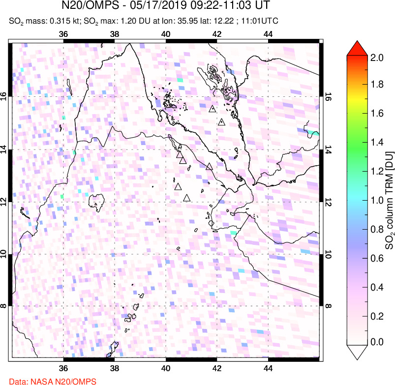 A sulfur dioxide image over Afar and southern Red Sea on May 17, 2019.