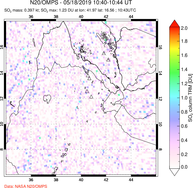 A sulfur dioxide image over Afar and southern Red Sea on May 18, 2019.