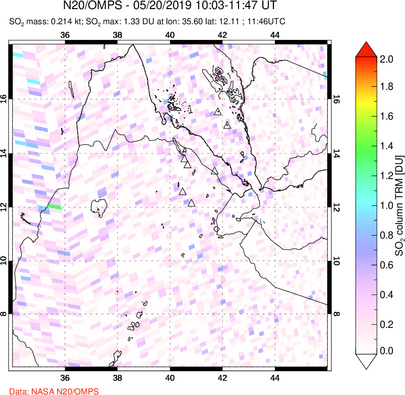 A sulfur dioxide image over Afar and southern Red Sea on May 20, 2019.