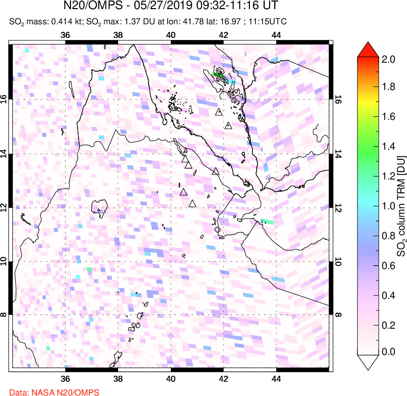 A sulfur dioxide image over Afar and southern Red Sea on May 27, 2019.