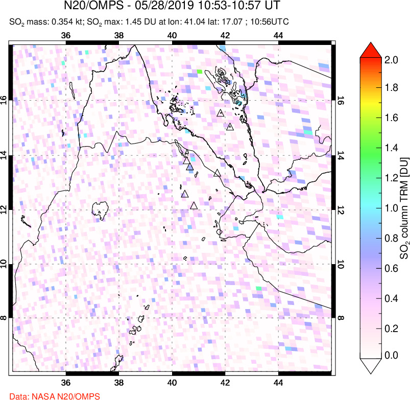 A sulfur dioxide image over Afar and southern Red Sea on May 28, 2019.