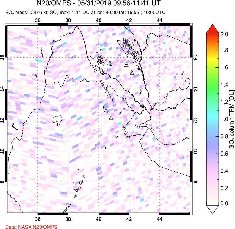 A sulfur dioxide image over Afar and southern Red Sea on May 31, 2019.