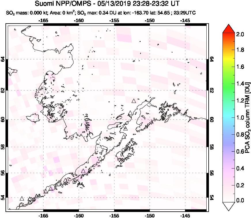A sulfur dioxide image over Alaska, USA on May 13, 2019.