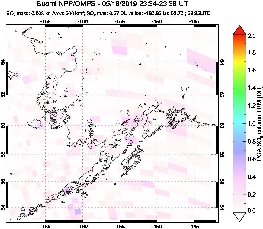 A sulfur dioxide image over Alaska, USA on May 18, 2019.