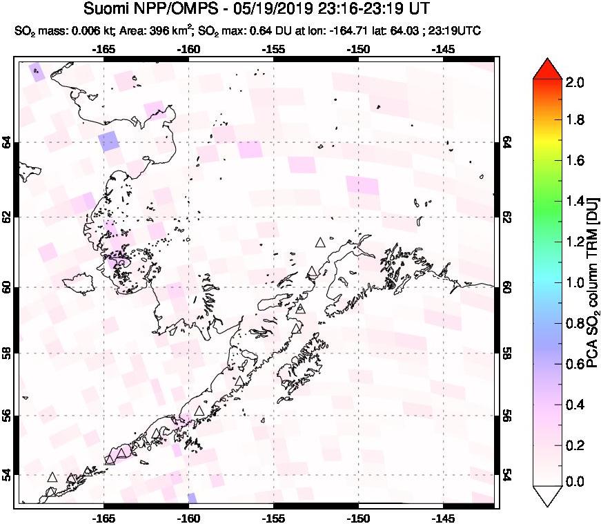 A sulfur dioxide image over Alaska, USA on May 19, 2019.