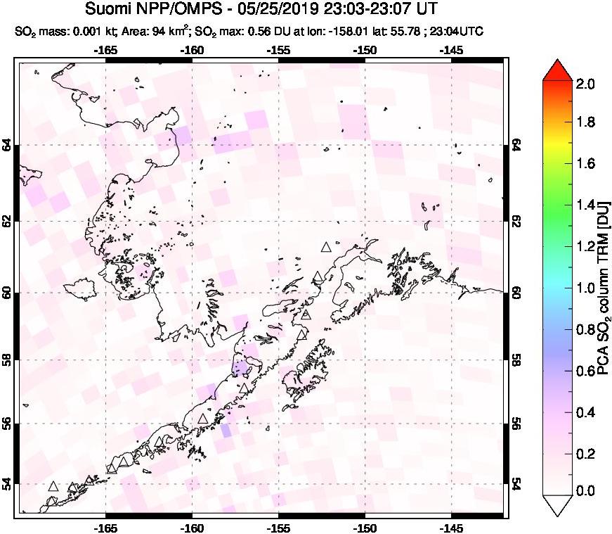 A sulfur dioxide image over Alaska, USA on May 25, 2019.