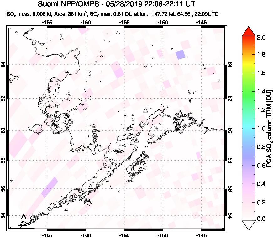 A sulfur dioxide image over Alaska, USA on May 28, 2019.