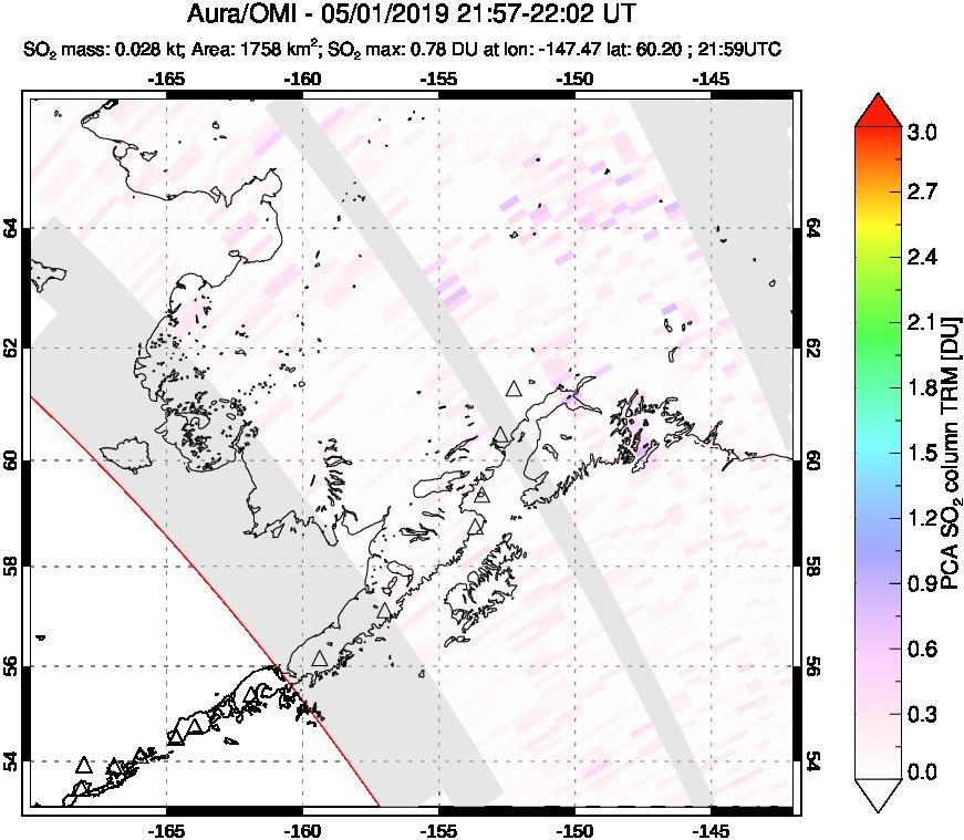 A sulfur dioxide image over Alaska, USA on May 01, 2019.