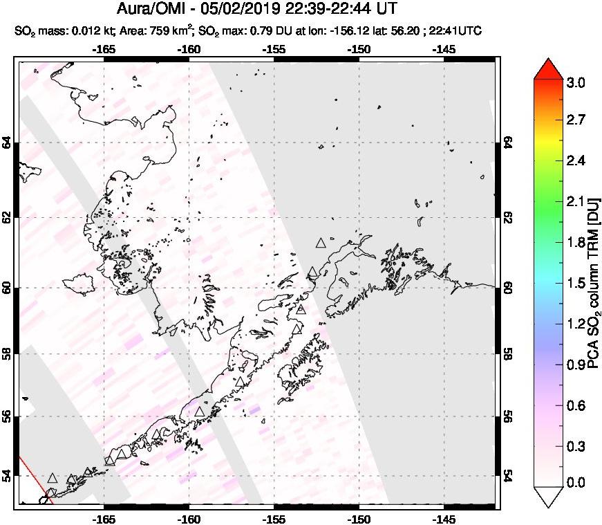 A sulfur dioxide image over Alaska, USA on May 02, 2019.