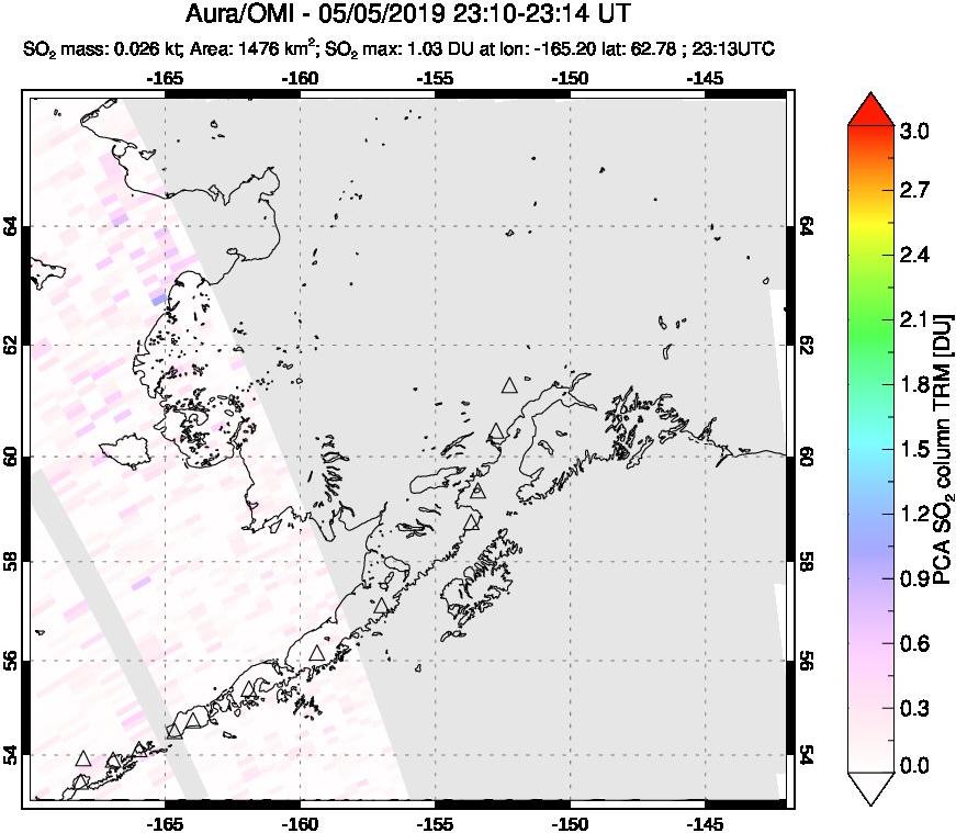 A sulfur dioxide image over Alaska, USA on May 05, 2019.