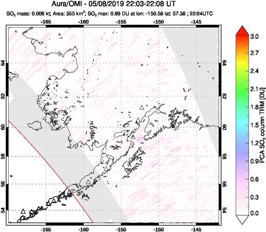 A sulfur dioxide image over Alaska, USA on May 08, 2019.