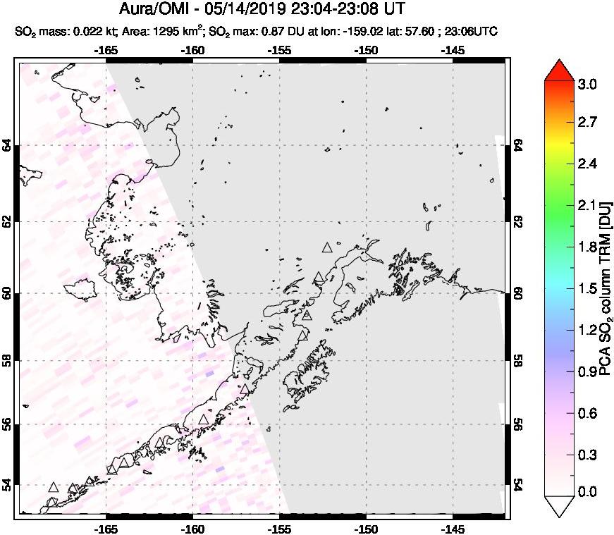 A sulfur dioxide image over Alaska, USA on May 14, 2019.