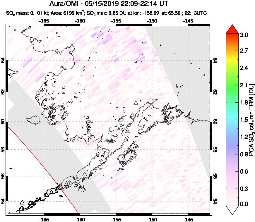 A sulfur dioxide image over Alaska, USA on May 15, 2019.