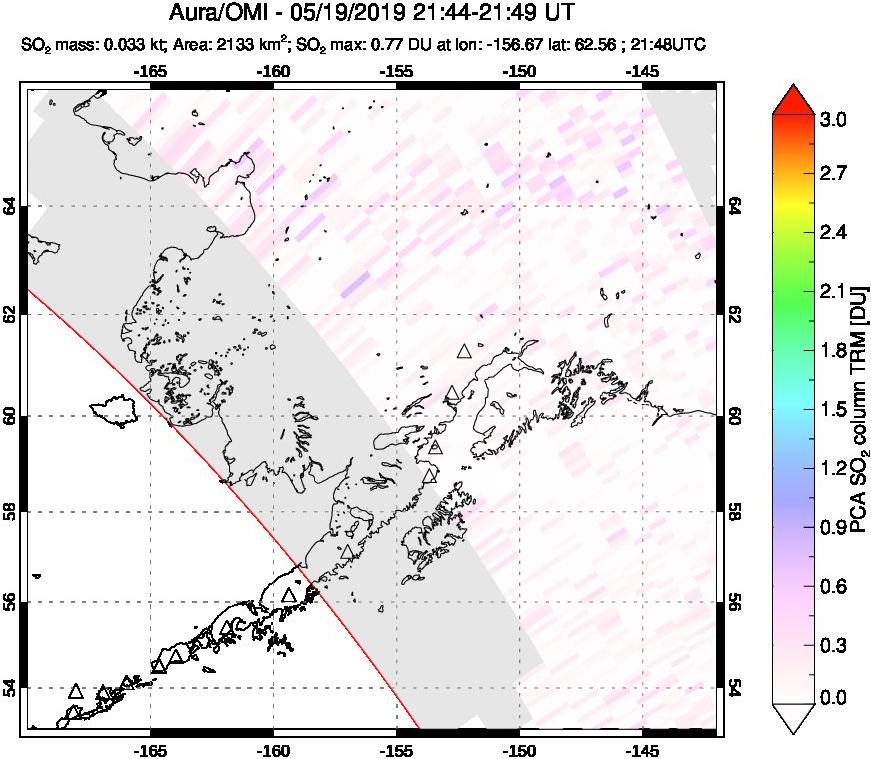A sulfur dioxide image over Alaska, USA on May 19, 2019.