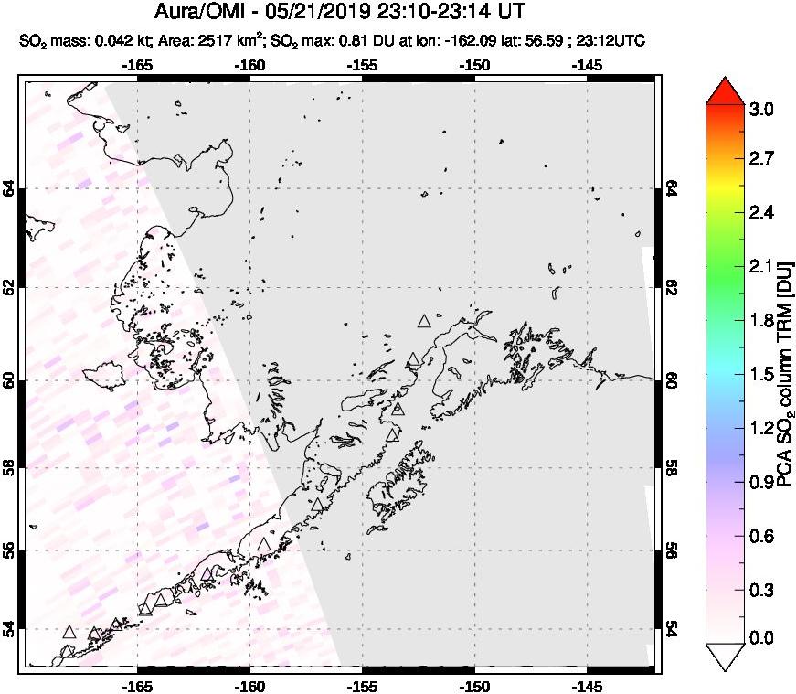 A sulfur dioxide image over Alaska, USA on May 21, 2019.