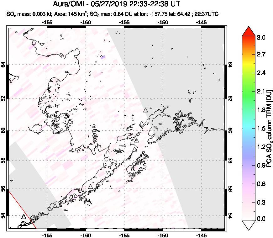 A sulfur dioxide image over Alaska, USA on May 27, 2019.