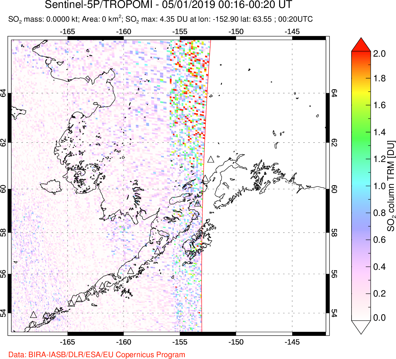 A sulfur dioxide image over Alaska, USA on May 01, 2019.