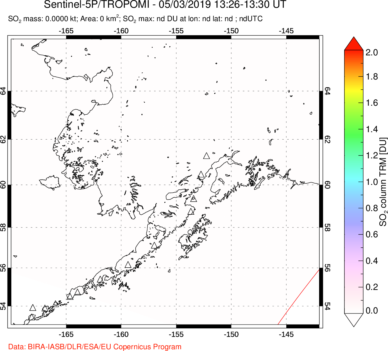 A sulfur dioxide image over Alaska, USA on May 03, 2019.