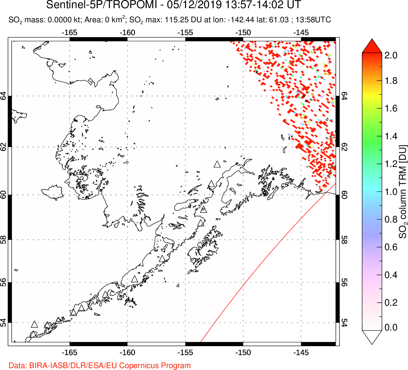 A sulfur dioxide image over Alaska, USA on May 12, 2019.