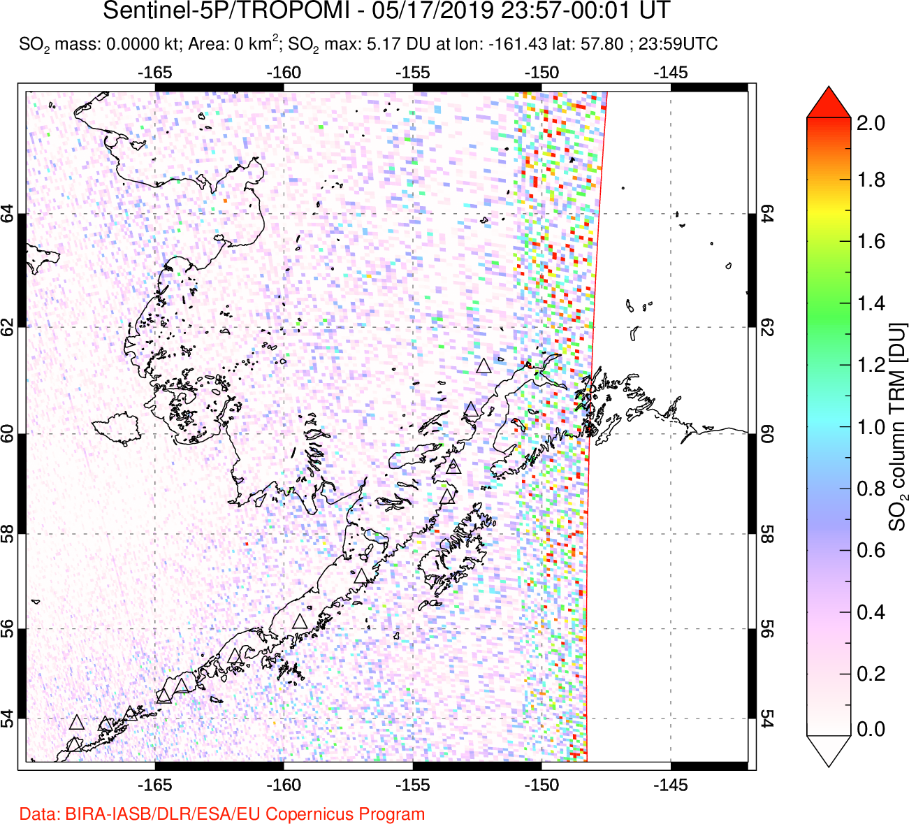 A sulfur dioxide image over Alaska, USA on May 17, 2019.