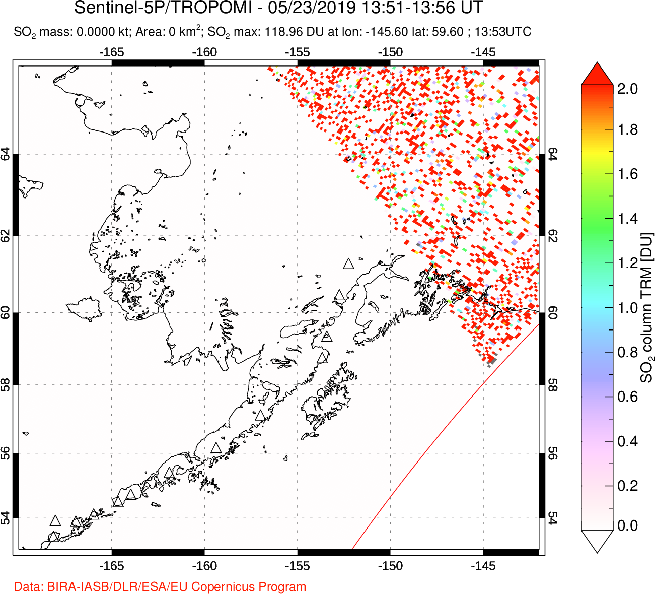 A sulfur dioxide image over Alaska, USA on May 23, 2019.