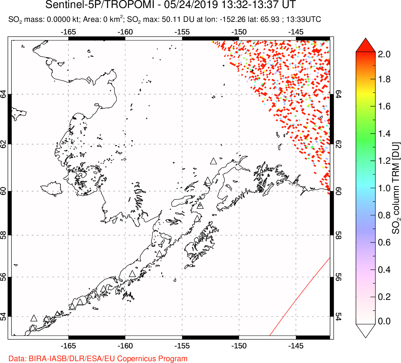 A sulfur dioxide image over Alaska, USA on May 24, 2019.