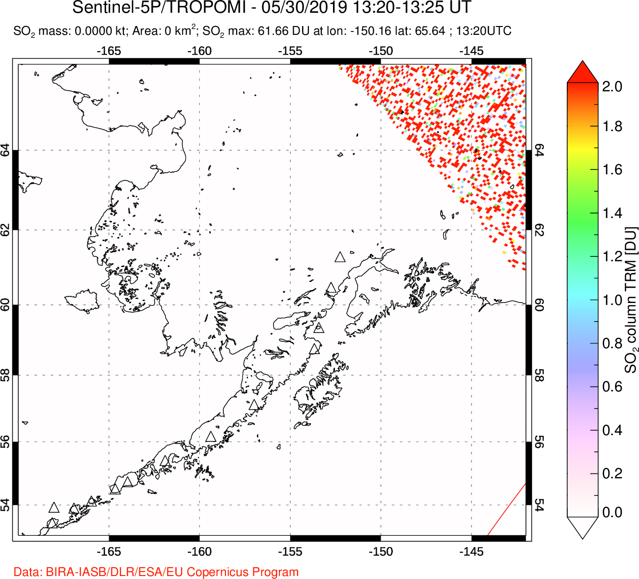 A sulfur dioxide image over Alaska, USA on May 30, 2019.
