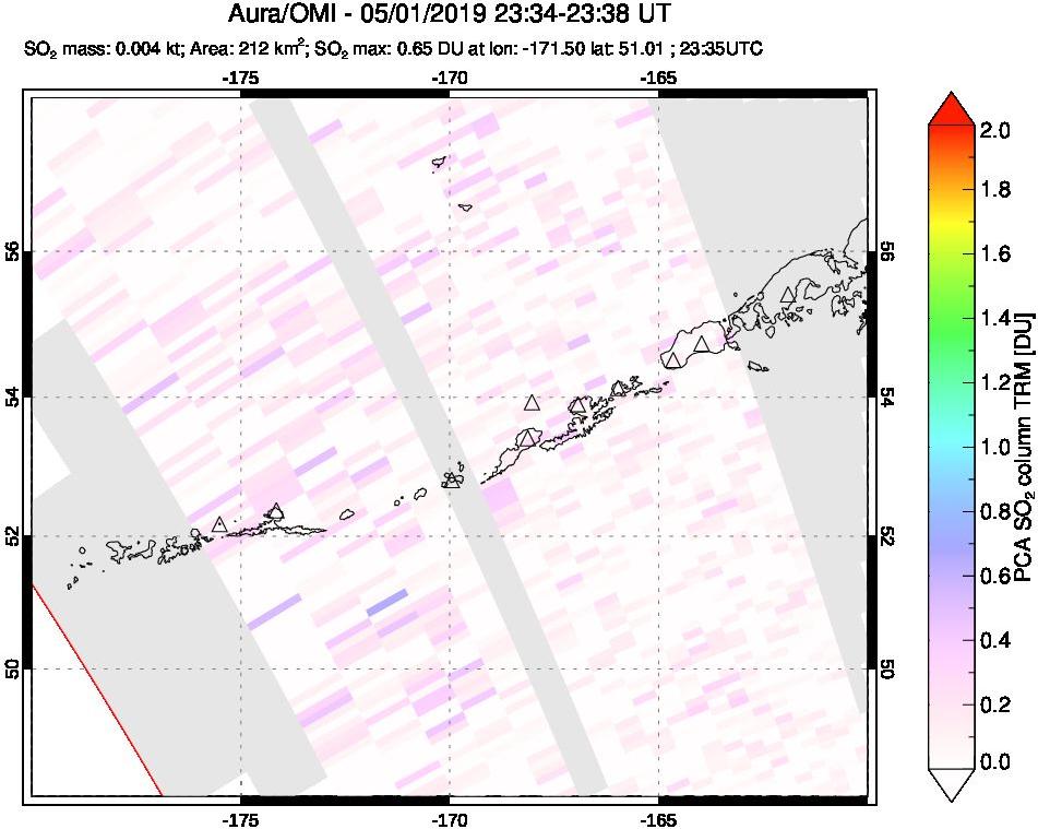 A sulfur dioxide image over Aleutian Islands, Alaska, USA on May 01, 2019.