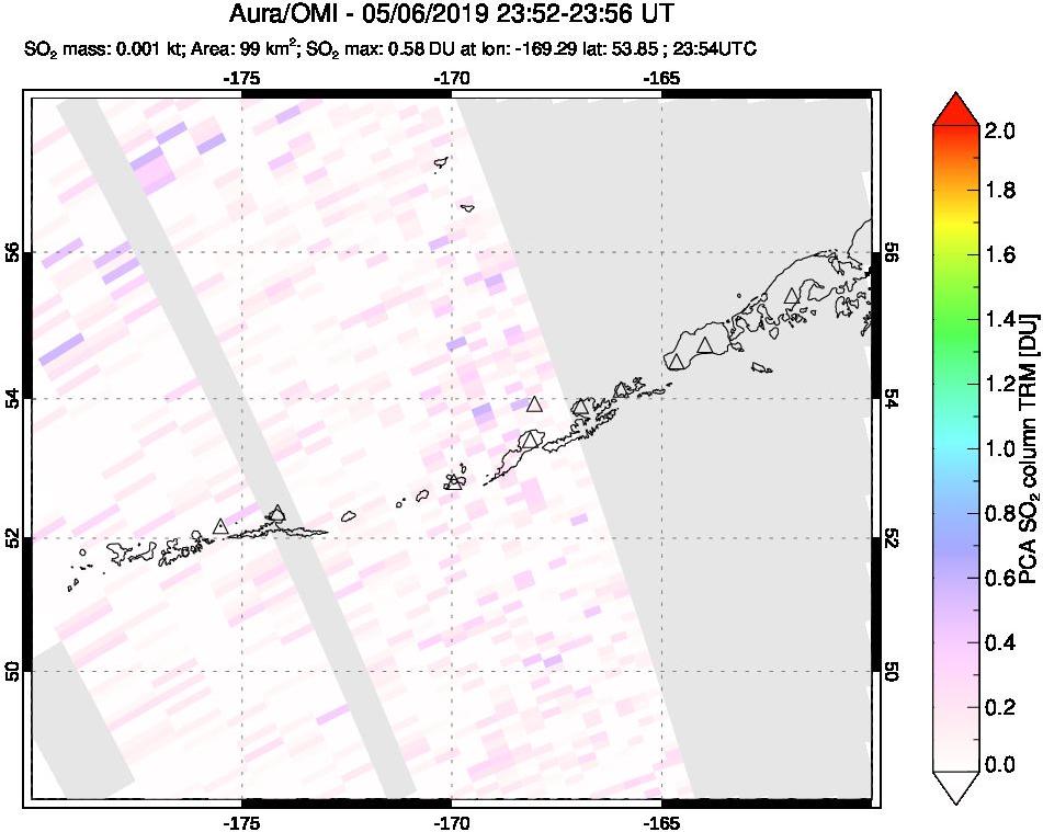 A sulfur dioxide image over Aleutian Islands, Alaska, USA on May 06, 2019.